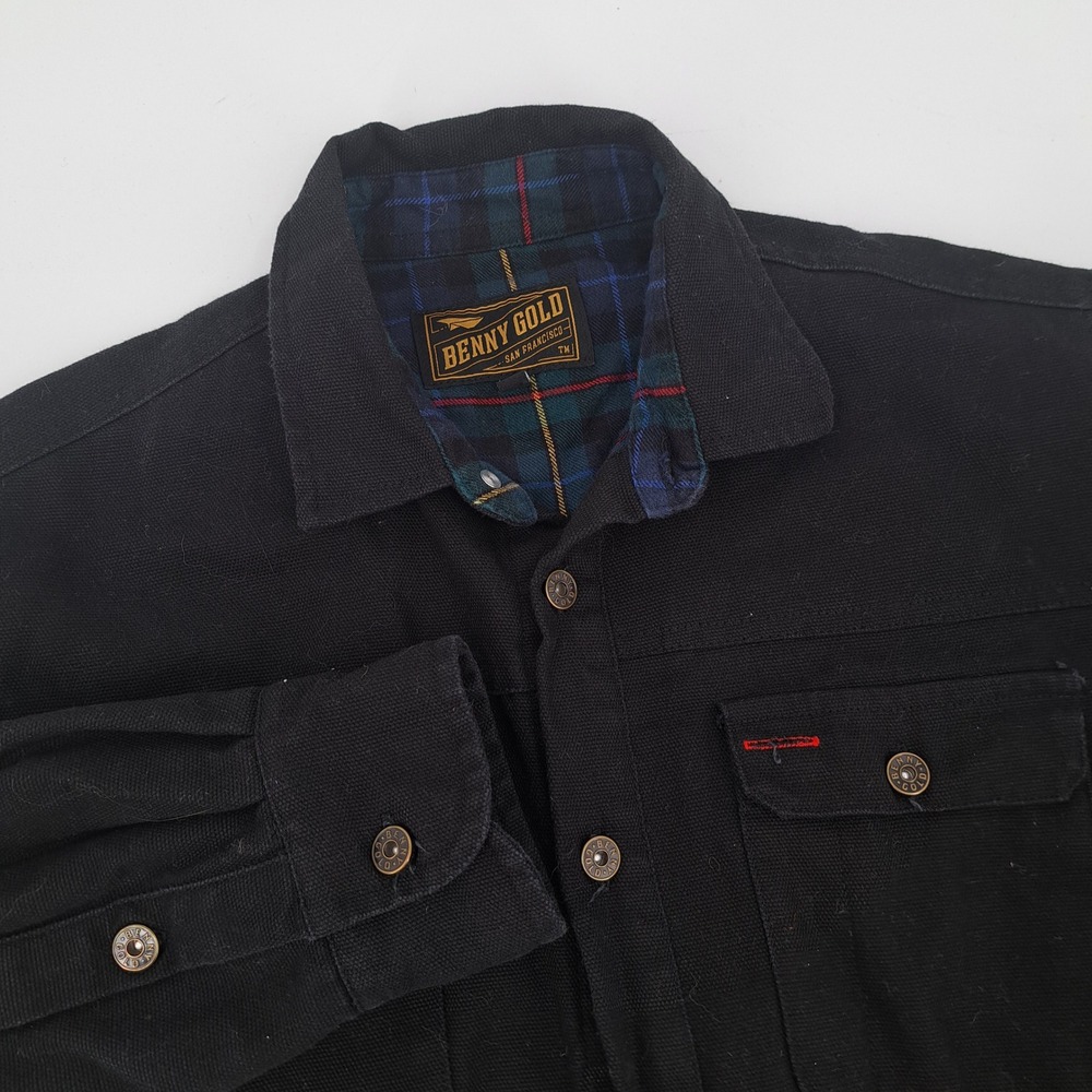Benny Gold Canvas Shirt Jacket Mens M Black Plaid Lined Workwear Chore Coat